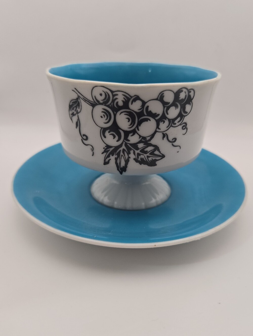 Vintage Blue Teal Black White Grape Pedestal Sherbet Bowl & Saucer Dessert Cup
